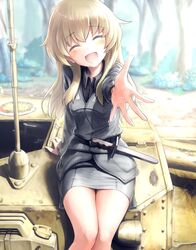  1girl ^_^ arm_support bangs belt black_shirt black_skirt blonde_hair blurry bush carpaccio closed_eyes collared_shirt depth_of_field dress_shirt eyebrows eyebrows_visible_through_hair girls_und_panzer highres hirosaki_yukito jacket long_hair long_sleeves military military_uniform military_vehicle miniskirt on_vehicle outdoors outstretched_arm palms pencil_skirt reaching semovente_75/18 shirt sitting skirt smile solo tank tree uniform vehicle 