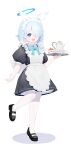  1girl absurdres alternate_costume apron arona_(blue_archive) black_dress black_footwear blue_archive blue_eyes blue_hair blue_halo blush braid colored_inner_hair dress enmaided frilled_apron frills full_body hair_over_one_eye halo highres holding holding_tray looking_at_viewer maid maid_apron maid_headdress multicolored_hair oiru_(fattyoils) open_mouth pantyhose pink_hair puffy_short_sleeves puffy_sleeves shoes short_hair short_sleeves simple_background single_braid smile solo tray white_background white_pantyhose 