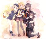  4girls ;d ahoge anchor_symbol black_serafuku black_skirt blonde_hair braid brown_hair cis_(carcharias) closed_mouth commentary_request crescent_moon hair_flaps hair_ornament hair_over_shoulder hat hatsuzuki_(kantai_collection) heart kantai_collection long_hair long_sleeves moon multiple_girls necktie one_eye_closed open_mouth pleated_skirt remodel_(kantai_collection) satsuki_(kantai_collection) school_uniform serafuku shigure_(kantai_collection) short_hair short_sleeves single_braid skirt smile twitter_username z1_leberecht_maass_(kantai_collection) 