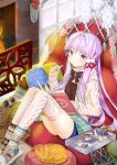  1girl amo_(rnrkrn) book bookmark cat cup highres long_hair looking_at_viewer purple_hair snowflakes solo sweater teacup teapot thigh-highs violet_eyes 