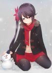 akebono_(kantai_collection) akky_(akimi1127) bell boots breath coat flower fur_trim hair_bell hair_flower hair_ornament highres kantai_collection kneeling long_hair pantyhose purple_hair red_scarf red_skirt scarf side_ponytail skirt snow snowing snowman sweater very_long_hair violet_eyes winter_clothes winter_coat 