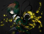  1girl animenisikihebi antennae cape centipede dark_persona eyes from_side glowing glowing_eyes green_eyes green_hair grey_background insect_wings looking_at_viewer paint_splatter sanpaku simple_background solo teeth touhou wing_collar wings wriggle_nightbug 