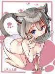  1girl all_fours animal_ears blue_eyes blush cat_ears cat_tail dated fish grey_hair looking_at_viewer mouth_hold paw_pose ribbon short_hair sketch solo tail yuuji_(yukimimi) 