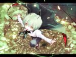  1girl antennae cape from_above full_body green_eyes green_hair hoshibuchi leg_up letterboxed long_sleeves looking_at_viewer outstretched_arms pants petals puffy_sleeves shirt shoes short_hair smile solo touhou wriggle_nightbug 