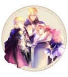  1girl 2boys armor blonde_hair blue_eyes cape closed_eyes fire_emblem fire_emblem_if gauntlets gloves ignis_(fire_emblem_if) kuzumosu long_hair multiple_boys open_mouth pink_hair shield siegbert_(fire_emblem_if) simple_background soleil_(fire_emblem_if) sword weapon white_background 