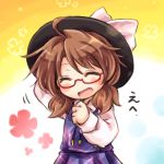  1girl brown_hair closed_eyes dress glasses hat hat_ribbon laughing long_sleeves low_twintails lowres pote_(ptkan) purple_dress red-framed_glasses ribbon shirt solo touhou twintails usami_sumireko 