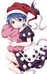  1girl blue_eyes blue_hair doremy_sweet dress hat looking_at_viewer nightcap open_mouth pillow pom_pom_(clothes) ruu_(tksymkw) short_hair short_sleeves simple_background socks solo tail touhou white_background white_legwear 