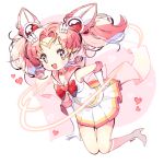  1girl :d bishoujo_senshi_sailor_moon boots bow brooch chibi_usa choker double_bun elbow_gloves full_body gloves hair_ornament hairpin hand_on_hip heart jewelry knee_boots looking_at_viewer magical_girl open_mouth parfait_(ryunghu) pink_boots pink_hair pleated_skirt red_bow red_eyes sailor_chibi_moon sailor_collar short_hair signature skirt smile solo super_sailor_chibi_moon tiara twintails white_background white_gloves 