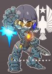  absurdres armor blush_stickers character_name chibi commentary_request gipsy_danger highres multicolored_hair navel pacific_rim personification short_hair streaked_hair susagane sword visor weapon 