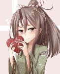  1girl blush brown_eyes chocolate chocolate_heart hachimaki headband heart high_ponytail japanese_clothes kantai_collection light_brown_hair looking_at_viewer rabochicken remodel_(kantai_collection) smile solo upper_body valentine zuihou_(kantai_collection) 