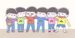  &gt;_&lt; 6+boys :&lt; :d ;3 ayu_(mog) black_eyes black_hair brothers cat chibi closed_eyes esper_nyanko hood hoodie male_focus matsuno_choromatsu matsuno_ichimatsu matsuno_juushimatsu matsuno_karamatsu matsuno_osomatsu matsuno_todomatsu multiple_boys one_eye_closed open_mouth osomatsu-kun osomatsu-san sextuplets shorts siblings slippers smile 