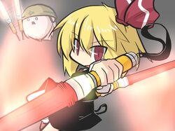  bare_legs black_skirt black_vest blonde_hair commentary flashlight gomasamune hair_ribbon helmet kedama knee_up light_stick open_mouth red ribbon rumia skirt touhou vest waving 