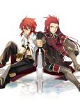  2boys asch black_gloves black_pants boots brown_gloves daiki_(daikingairkgk) fingerless_gloves full_body gloves green_eyes grey_boots long_hair looking_at_viewer luke_fon_fabre male_focus multiple_boys pants redhead serious shirt sidelocks sitting surcoat sword symmetry tales_of_(series) tales_of_the_abyss thigh-highs thigh_boots weapon white_background white_shirt 