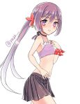  1girl akebono_(kantai_collection) bell bikini_top flower hair_bell hair_flower hair_ornament highres kantai_collection long_hair looking_at_viewer pleated_skirt purple_hair scrunchie simple_background skirt solo swimsuit twitter_username very_long_hair violet_eyes white_background wrist_scrunchie yuu_zaki 