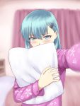  1girl alternate_costume bed blue_eyes blurry blush carrying covering_mouth depth_of_field green_hair hair_ornament hairclip ishii_hisao kantai_collection long_hair looking_at_viewer pajamas pillow self_shot solo suzuya_(kantai_collection) 