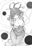  1girl blue_eyes breasts cleavage collarbone dress energy flower hagoromo hair_ornament hair_stick head_tilt highres hips kaku_seiga large_breasts lips looking_at_viewer monochrome neck open_clothes open_vest raptor7 shawl short_hair sketch smile spot_color taut_clothes taut_dress thighs touhou vest 