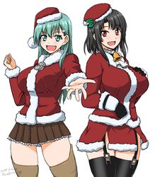  2girls :d alternate_costume bell black_gloves black_hair black_legwear brown_legwear christmas garter_straps gloves green_eyes green_hair hair_ornament hairclip hat highres kantai_collection koutarou_(plusdrive) long_hair looking_at_viewer multiple_girls open_mouth plectrum reaching red_eyes santa_costume santa_hat short_hair smile suzuya_(kantai_collection) takao_(kantai_collection) thigh-highs zettai_ryouiki 