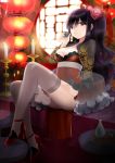  1girl alcohol amo_(rnrkrn) black_hair breasts candle chinese_clothes choko_(cup) cleavage flower hair_flower hair_ornament highres lantern long_hair original ponytail red_eyes sake solo thigh-highs 
