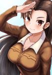  1girl absurdres breasts brown_eyes brown_hair cleavage collarbone ears girls_und_panzer highres long_hair looking_at_viewer looking_up nishi_kinuyo okitsugu salute smile solo very_long_hair 