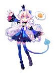  1girl 2016 :o arm_up athria black_shoes blue_eyes blue_legwear blue_skirt bow crown dated demon_power_(elsword) demon_tail detached_sleeves elsword full_body highres long_hair luciela_r._sourcream mini_crown pointy_ears shoes signature skirt solo spoken_food symbol-shaped_pupils tail thigh-highs white_background white_bow white_hair 