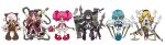  6+girls :3 absurdres akemi_homura animenisikihebi argyle argyle_legwear bare_shoulders bazooka beret black_hair blonde_hair blue_eyes blue_hair boots bow bow_(weapon) brown_eyes brown_legwear bubble_skirt cape capelet chain chain_whip charlotte_(madoka_magica) cheese chibi choker corset detached_sleeves drill_hair everyone explosive fang flashbang flower food food_in_mouth fork full_body gloves grenade gun hair_bow hair_ornament hair_ribbon hairband hairclip hat highres holding_weapon jitome kaname_madoka kneehighs long_hair magical_girl magical_musket mahou_shoujo_madoka_magica miki_sayaka mouth_hold multiple_girls pink_eyes pink_hair plate pleated_skirt polearm ponytail puffy_short_sleeves puffy_sleeves pumpkin_pants red_eyes red_shoes redhead ribbon rifle rocket_launcher rose rpg sakura_kyouko shield shoes short_hair short_sleeves simple_background skirt sparkle spear striped striped_legwear sword taiyaki thigh-highs tomoe_mami twin_drills twintails two_side_up vertical-striped_legwear vertical_stripes violet_eyes wagashi weapon white_background white_gloves white_legwear yellow_eyes yellow_ribbon 