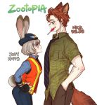  1boy 1girl animal_ears bangs blue_eyes blush bunny_tail character_name collared_shirt copyright_name cowboy_shot dishing dress_shirt fang food_in_mouth fox_ears fox_tail from_side green_eyes green_shirt grey_hair hand_in_pocket hands_on_hips height_difference judy_hopps long_sleeves looking_at_another mouth_hold necktie nick_wilde orange_hair pants paw_print police police_uniform print_shirt profile rabbit_ears shirt short_hair short_sleeves silver_hair simple_background striped striped_necktie sweets tail teeth uniform white_background zootopia 