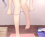 akebono_(kantai_collection) bare_legs box cardboard_box commentary_request feet hands highres kantai_collection knees_together_feet_apart lower_body neit_ni_sei panties purple_hair shiny shiny_skin side_ponytail underwear undressing water_drop wooden_floor 