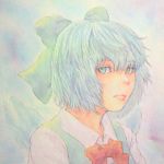  1girl blue_hair bow cirno green_eyes hair_bow highres ice ice_wings lips looking_at_viewer portrait short_hair solo touhou traditional_media watercolor_(medium) wings yuyu_(00365676) 