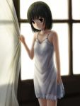  1girl ahoge bangs bare_shoulders black_hair blunt_bangs brown_eyes closed_mouth cowboy_shot curtain_grab curtains dress expressionless flat_chest indoors looking_at_viewer original phazer short_hair sleeveless sleeveless_turtleneck solo standing sundress transparent turtleneck white_dress window 