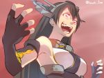  1girl armpits baffu bared_teeth black_hair constricted_pupils elbow_gloves fingerless_gloves gloves glowing glowing_eyes highres kantai_collection long_hair nagato_(kantai_collection) open_mouth red_eyes solo twitter_username 