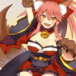  1girl bare_shoulders bell bell_collar breasts caster_(fate/extra) cleavage collar fangs fate/stay_night fate_(series) large_breasts long_hair paws pink_hair sanae_(satansanae) smile solo tamamo_cat_(fate/grand_order) yellow_eyes 