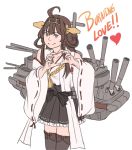  !! ahoge black_skirt bow braid cannon detached_sleeves frilled_skirt frills hair_bun headgear heart heart_hands japanese_clothes kantai_collection kongou_(kantai_collection) long_hair mefomefo miniskirt ship simple_background skirt smile thigh-highs warship wide_sleeves zettai_ryouiki 