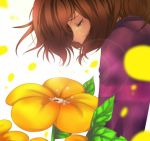 androgynous brown_hair camille_(camiiie) closed_eyes flower flowey_(undertale) frisk_(undertale) lens_flare shirt simple_background striped striped_shirt tagme tears undertale white_background 