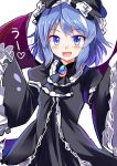  1girl alternate_costume ascot bat_wings black_dress blue_eyes blue_hair brooch dress e.o. fang gothic_lolita hat highres jewelry lolita_fashion looking_at_viewer mob_cap open_mouth remilia_scarlet smile solo touhou uu~ wings 