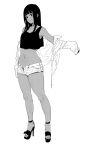  1girl black_hair blush dark_skin flat_chest goshiki_suzu high_heels hime_cut jacket long_hair looking_at_viewer midriff monochrome navel off_shoulder open_clothes open_shorts original short_shorts shorts smile tank_top 