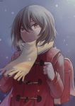  1girl absurdres artist_request backpack bag black_hair boku_dake_ga_inai_machi brown_eyes coat dated highres hinazuki_kayo looking_at_viewer outdoors red_coat scarf signature snow solo standing yellow_scarf 