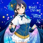  1girl blue_hair dress earrings hair_ornament hat jewelry long_hair looking_at_viewer love_live!_school_idol_project ragho_no_erika smile sonoda_umi translation_request yellow_eyes 