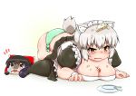  1girl all_fours alternate_costume animal_ears black_legwear blush breasts broken_plate cake cleavage crying crying_with_eyes_open d: dress enmaided fang fat food food_on_face food_on_head fruit green_panties hakurei_reimu hitotsubashi_inari icing inubashiri_momiji large_breasts maid mary_janes object_on_head open_mouth orange_eyes panties shoe_print shoes side-tie_panties silver_hair solo stepped_on strawberry tail tears thigh-highs top-down_bottom-up touhou underwear uneven_eyes wolf_ears wolf_tail wrist_cuffs yukkuri_shiteitte_ne 