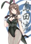  1girl animal_ears bow bowtie brown_eyes brown_hair bunnysuit detached_collar fishnet_pantyhose fishnets girls_und_panzer gloves highres long_hair pantyhose rabbit_ears revision shimada_chiyo standing vest wanyan_aguda wrist_cuffs 