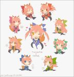  6+girls @_@ animal_ears aosora_aoi blue_eyes caster_(fate/extra) chibi closed_eyes detached_sleeves fate/extra fate/grand_order fate_(series) fox_ears fox_tail green_eyes hair_rings heart japanese_clothes kimono long_hair multiple_girls orange_hair pink_hair ponytail red_eyes ringlets short_hair sparkle tail tamamo_cat_(fate/grand_order) twintails wavy_hair yellow_eyes 