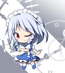  1girl apron blue_eyes bow bowtie braid chibi clock izayoi_sakuya knife looking_at_viewer maid maid_headdress puffy_sleeves red_eyes ribbon senba_chidori short_hair short_sleeves silver_hair skirt solo touhou twin_braids waist_apron wrist_cuffs 