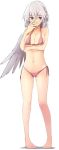 1girl bare_arms bare_legs bare_shoulders barefoot bikini blush braid breast_hold breasts cleavage closed_mouth collarbone covering_face embarrassed french_braid frown full_body kamukamu_(ars) kishin_sagume legs_apart looking_at_viewer midriff navel pink_bikini red_eyes ribbon short_hair side-tie_bikini silver_hair single_wing solo standing stomach swimsuit touhou tsurime white_background white_wings wings 