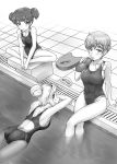  3girls alisa_(girls_und_panzer) alternate_hairstyle ass breasts competition_swimsuit crossed_legs diving_block drinking floating girls_und_panzer goggles greyscale groin_tendon hair_up holding_feet kay_(girls_und_panzer) monochrome multiple_girls naomi_(girls_und_panzer) one-piece_swimsuit pool sideboob solokov_(okb-999) swim_cap_removed swimsuit tile_floor tiles 