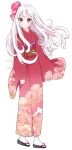  1girl bird_type_girl_system blush floral_print japanese_clothes kari_(kakko_k) kimono long_hair obi original red_eyes sash smile solo white_java_sparrow_(bird_type_girl_system) 
