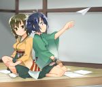  2girls b_allbrack back-to-back blue_eyes blue_hair breasts brown_eyes brown_hair collarbone full_body hair_ribbon hiryuu_(kantai_collection) indoors japanese_clothes kantai_collection kimono large_breasts light_smile multiple_girls on_floor paper paper_airplane parted_lips pleated_skirt ribbon short_hair side_ponytail sitting skirt souryuu_(kantai_collection) twintails wainscoting yugake 