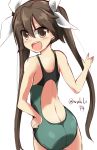  1girl ass back brown_eyes brown_hair hair_between_eyes hair_ribbon hand_on_hip kantai_collection long_hair looking_back one-piece_swimsuit open_mouth ribbon smile solo swimsuit testman tone_(kantai_collection) twintails 