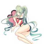  1girl :d aqua_hair armlet bare_legs bare_shoulders barefoot blue_eyes blush breasts cleavage cleavage_cutout collarbone frills green_nails hatsune_miku heart heart_cutout heart_pillow highres long_hair nail_polish open_mouth orinoon panties parted_lips pillow red_panties sidelocks simple_background smile solo strapless tsurime tubetop twintails underwear underwear_only very_long_hair vocaloid white_background 