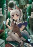  1girl animal_ears blue_eyes book butterfly doll_joints fantasy highres hyouta_(nekogamirin_c) long_hair original silver_hair solo tail thigh-highs twintails 