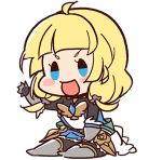  1girl anpolly armor armored_dress blonde_hair blue_eyes bodysuit chibi fencer_(sekaiju) frilled_skirt frills gauntlets gloves greaves lowres open_mouth sekaiju_no_meikyuu sekaiju_no_meikyuu_5 short_twintails simple_background sitting skirt smile solo transparent_background twintails 