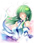  1girl bare_shoulders blush breasts closed_eyes detached_sleeves frog_hair_ornament green_hair hair_ornament hand_on_own_chest highres kochiya_sanae large_breasts long_hair long_sleeves navel open_mouth osashin_(osada) petals shirt smile snake_hair_ornament solo touhou upper_body very_long_hair wide_sleeves wind 